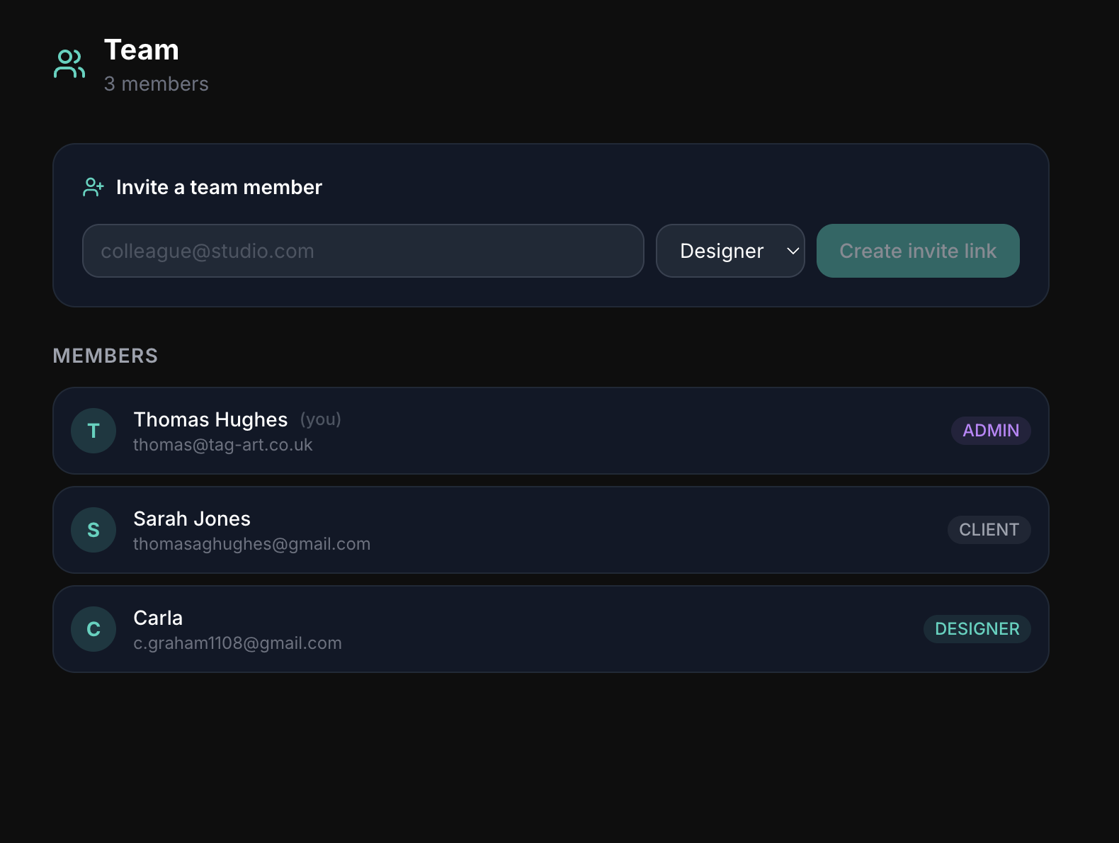 Team Dashboard Invite Members